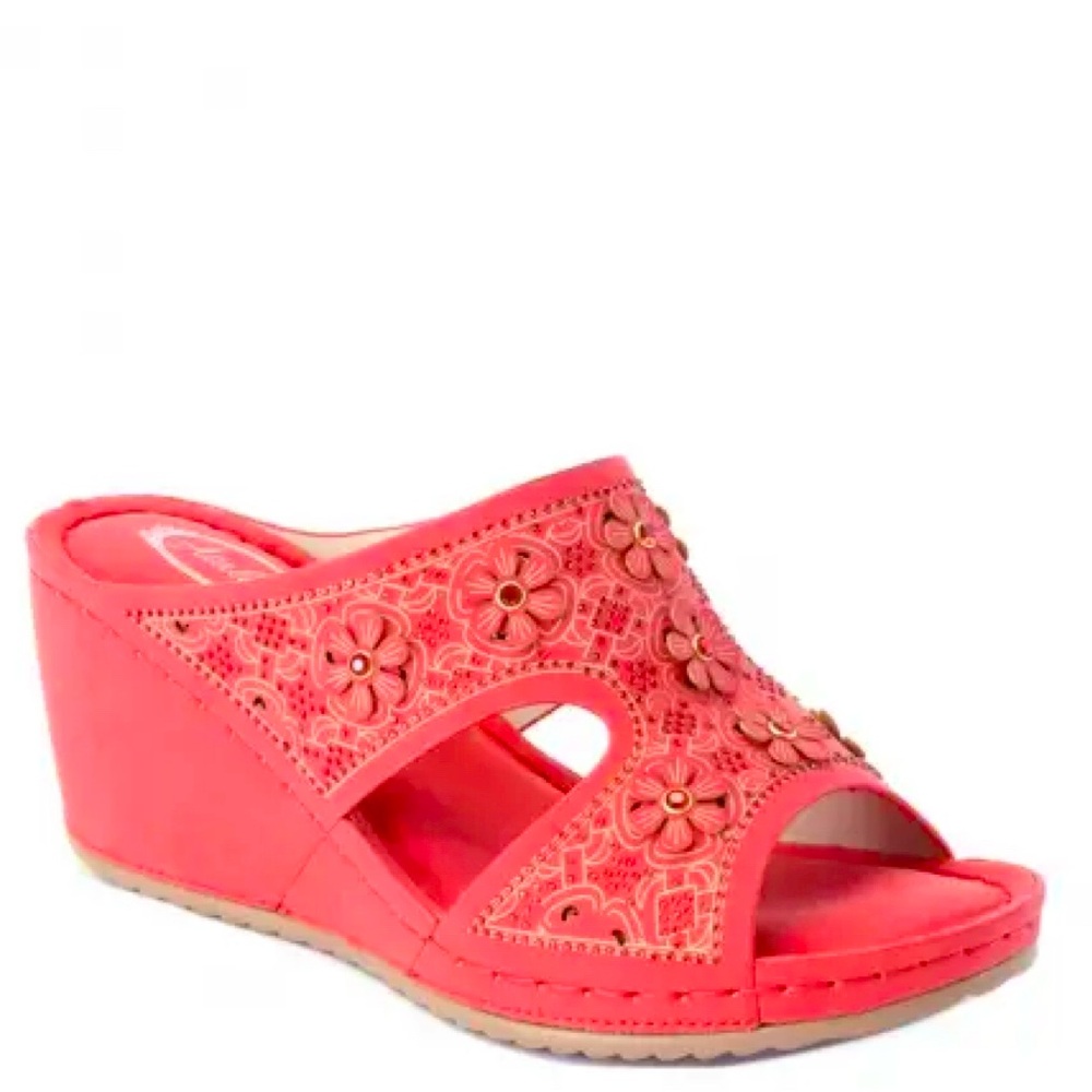 Italina Coral Red Women's T-Strap Floral Wedge Padded Comfort Sandals